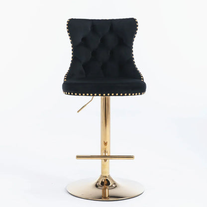 2x Height Adjustable Swivel Bar Stool Velvet Studs Barstool with Footrest and Golden Base- Black - Mekamart Australia