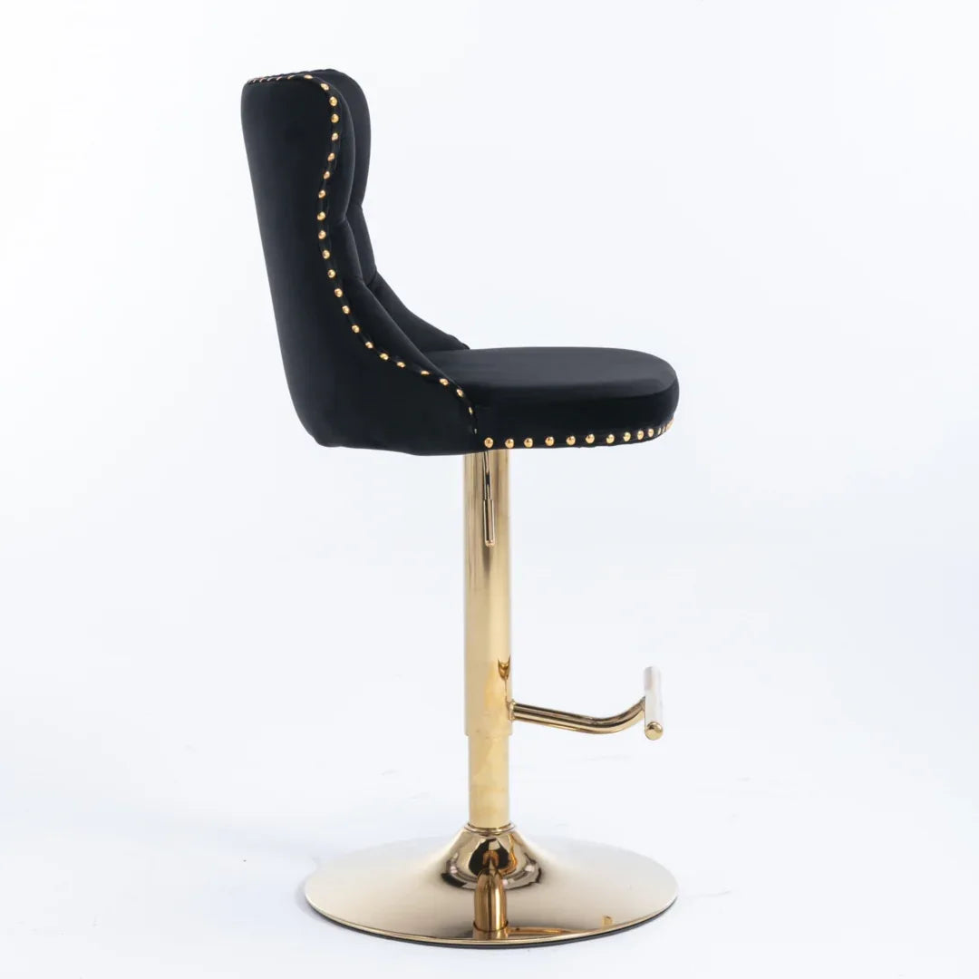 2x Height Adjustable Swivel Bar Stool Velvet Studs Barstool with Footrest and Golden Base- Black - Mekamart Australia