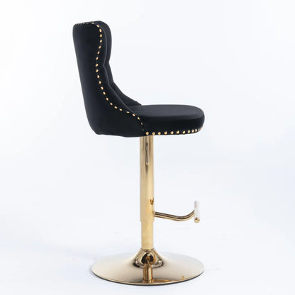 2x Height Adjustable Swivel Bar Stool Velvet Studs Barstool with Footrest and Golden Base- Black - Mekamart Australia