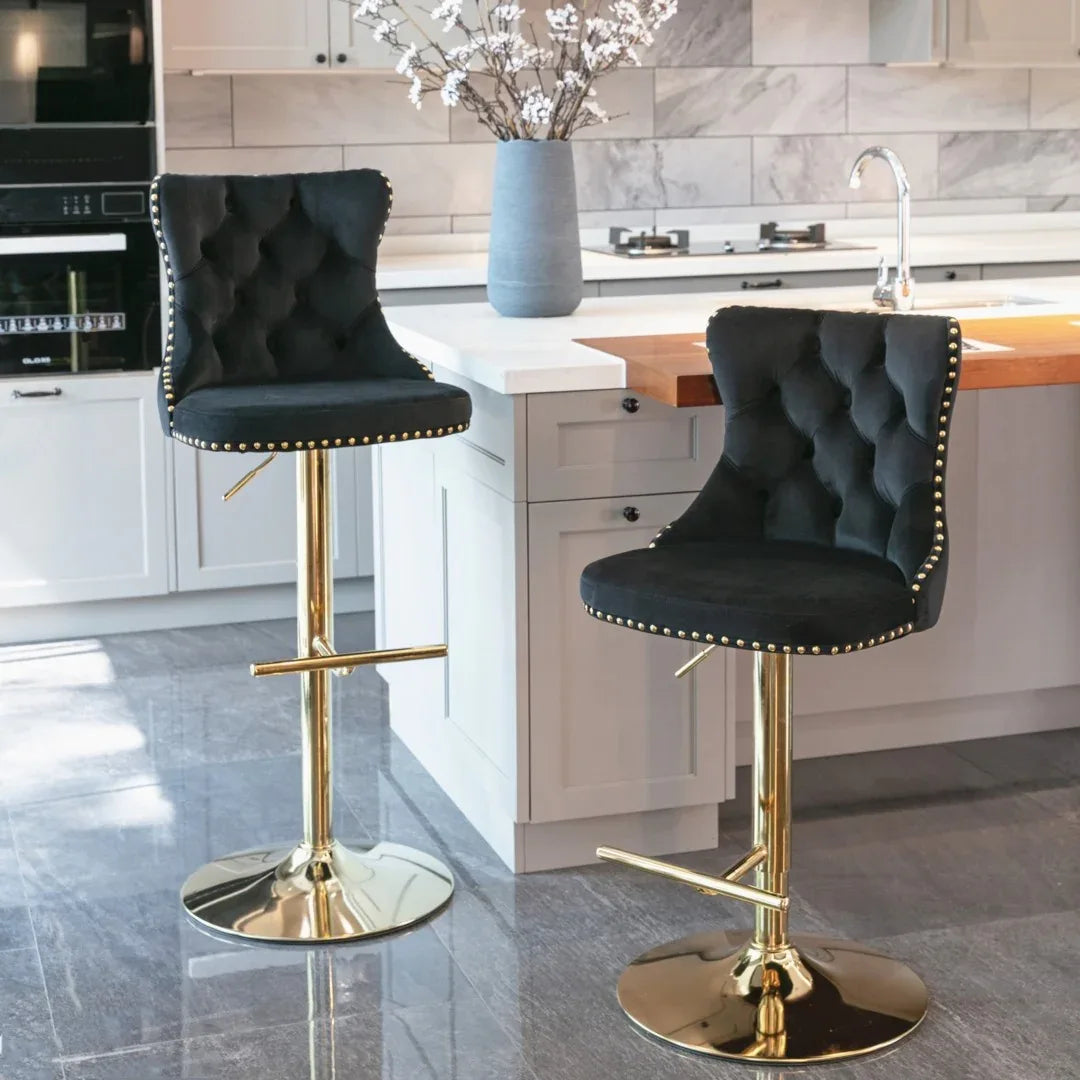 2x Height Adjustable Swivel Bar Stool Velvet Studs Barstool with Footrest and Golden Base- Black - Mekamart Australia