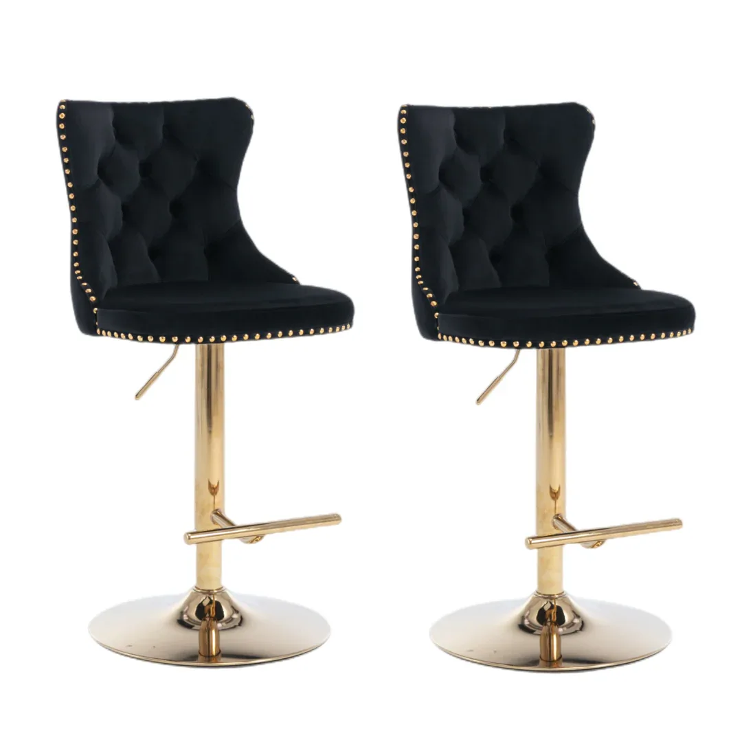2x Height Adjustable Swivel Bar Stool Velvet Studs Barstool with Footrest and Golden Base- Black - Mekamart Australia