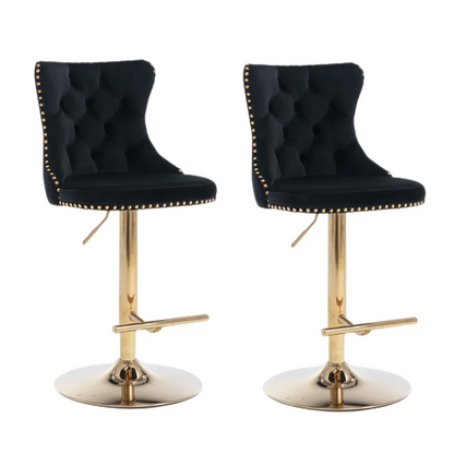 2x Height Adjustable Swivel Bar Stool Velvet Studs Barstool with Footrest and Golden Base- Black - Mekamart Australia