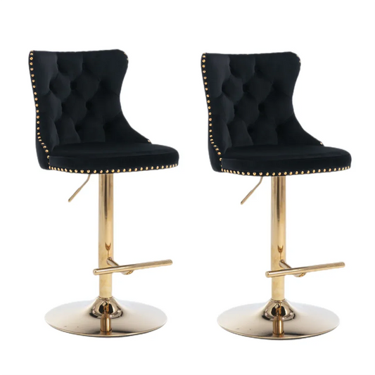 2x Height Adjustable Swivel Bar Stool Velvet Studs Barstool with Footrest and Golden Base- Black - Mekamart Australia