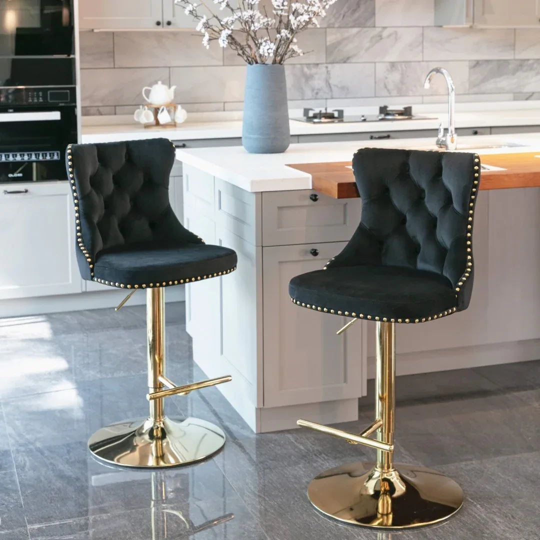 2x Height Adjustable Swivel Bar Stool Velvet Studs Barstool with Footrest and Golden Base- Black - Mekamart Australia