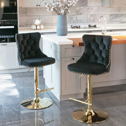 2x Height Adjustable Swivel Bar Stool Velvet Studs Barstool with Footrest and Golden Base- Black - Mekamart Australia