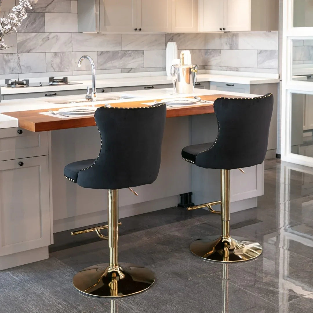 2x Height Adjustable Swivel Bar Stool Velvet Studs Barstool with Footrest and Golden Base- Black - Mekamart Australia