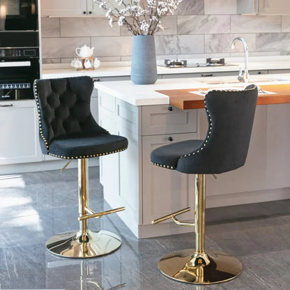2x Height Adjustable Swivel Bar Stool Velvet Studs Barstool with Footrest and Golden Base- Black - Mekamart Australia