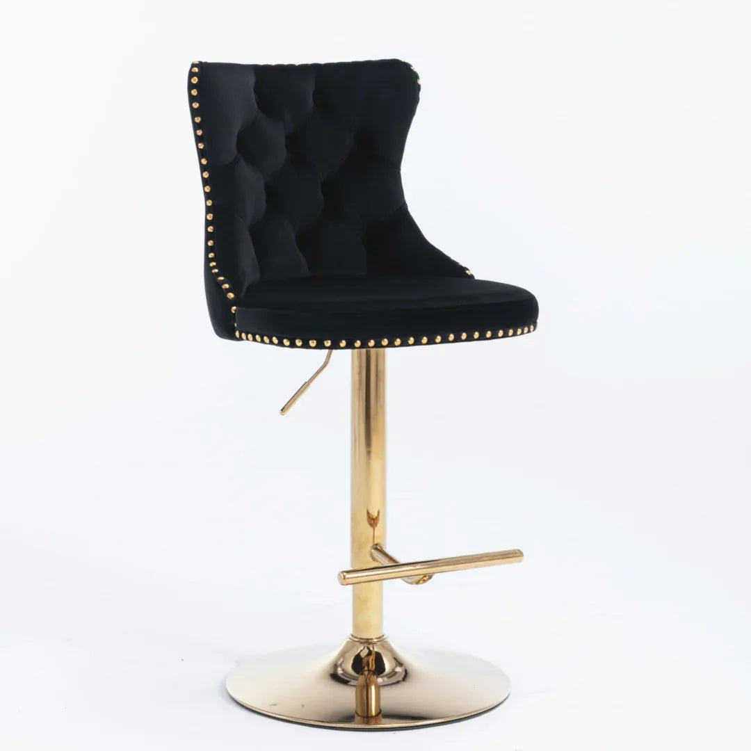 2x Height Adjustable Swivel Bar Stool Velvet Studs Barstool with Footrest and Golden Base- Black - Mekamart Australia