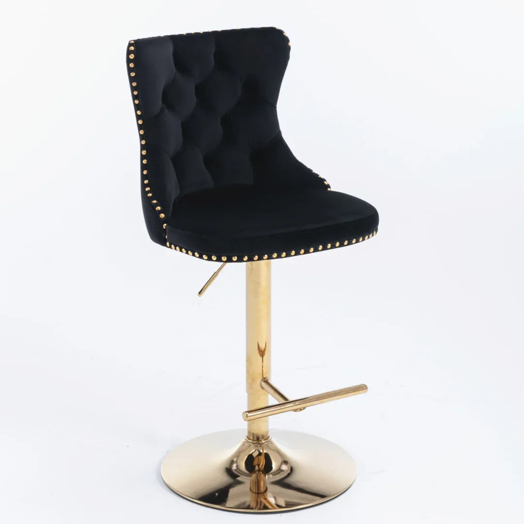 2x Height Adjustable Swivel Bar Stool Velvet Studs Barstool with Footrest and Golden Base- Black - Mekamart Australia