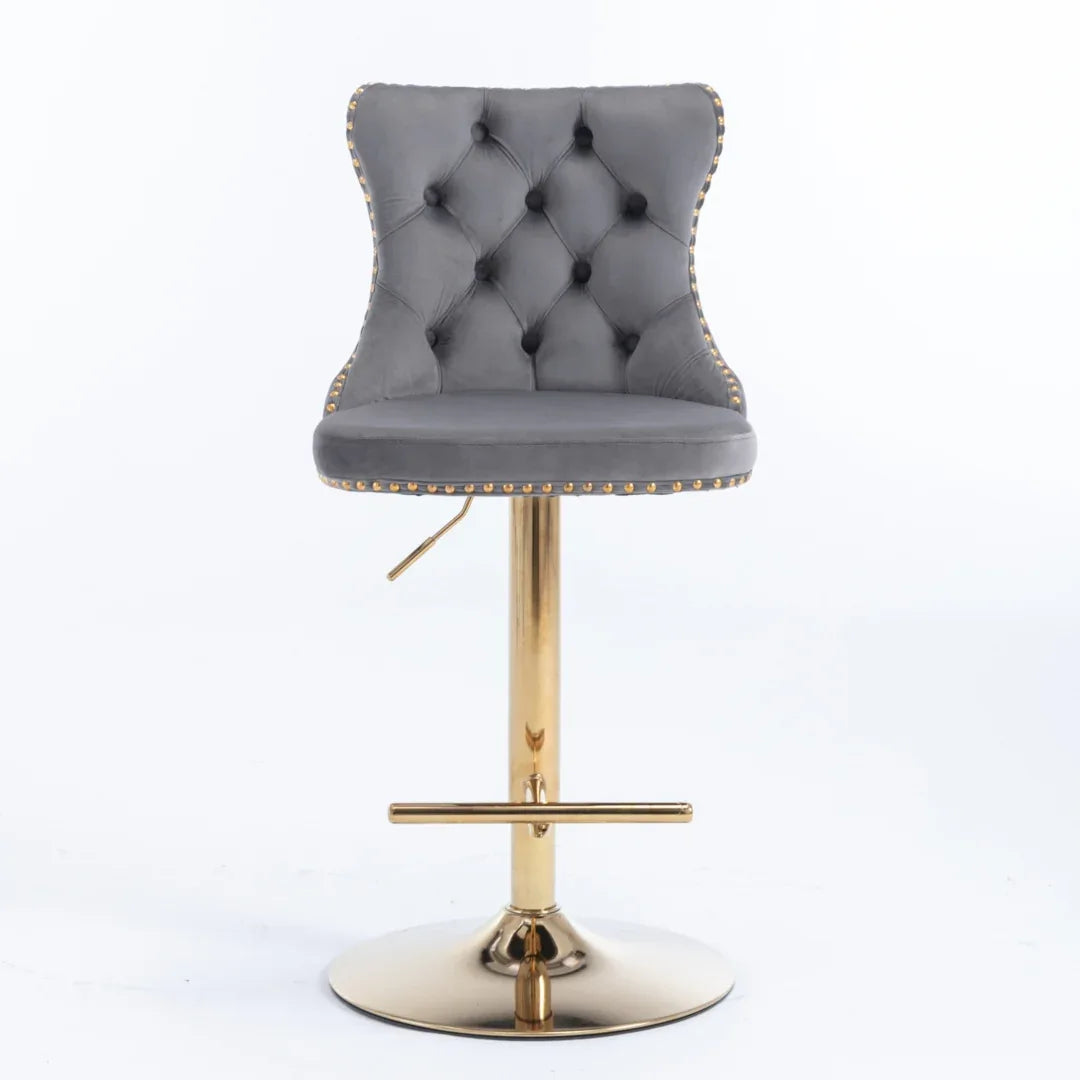 4x Height Adjustable Swivel Bar Stool Velvet Studs Barstool with Footrest and Golden Base- Grey - Mekamart Australia