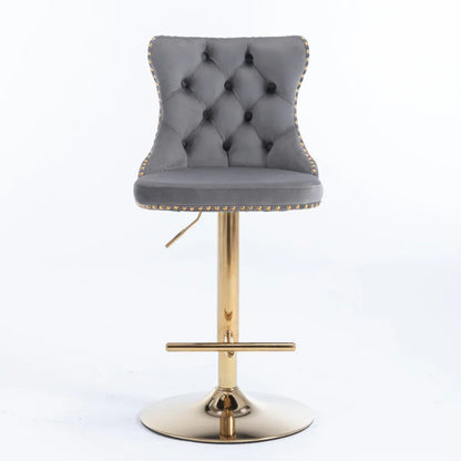 4x Height Adjustable Swivel Bar Stool Velvet Studs Barstool with Footrest and Golden Base- Grey - Mekamart Australia