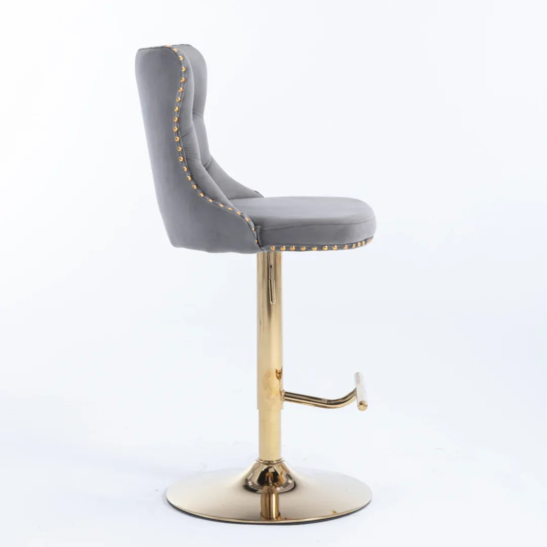 4x Height Adjustable Swivel Bar Stool Velvet Studs Barstool with Footrest and Golden Base- Grey - Mekamart Australia