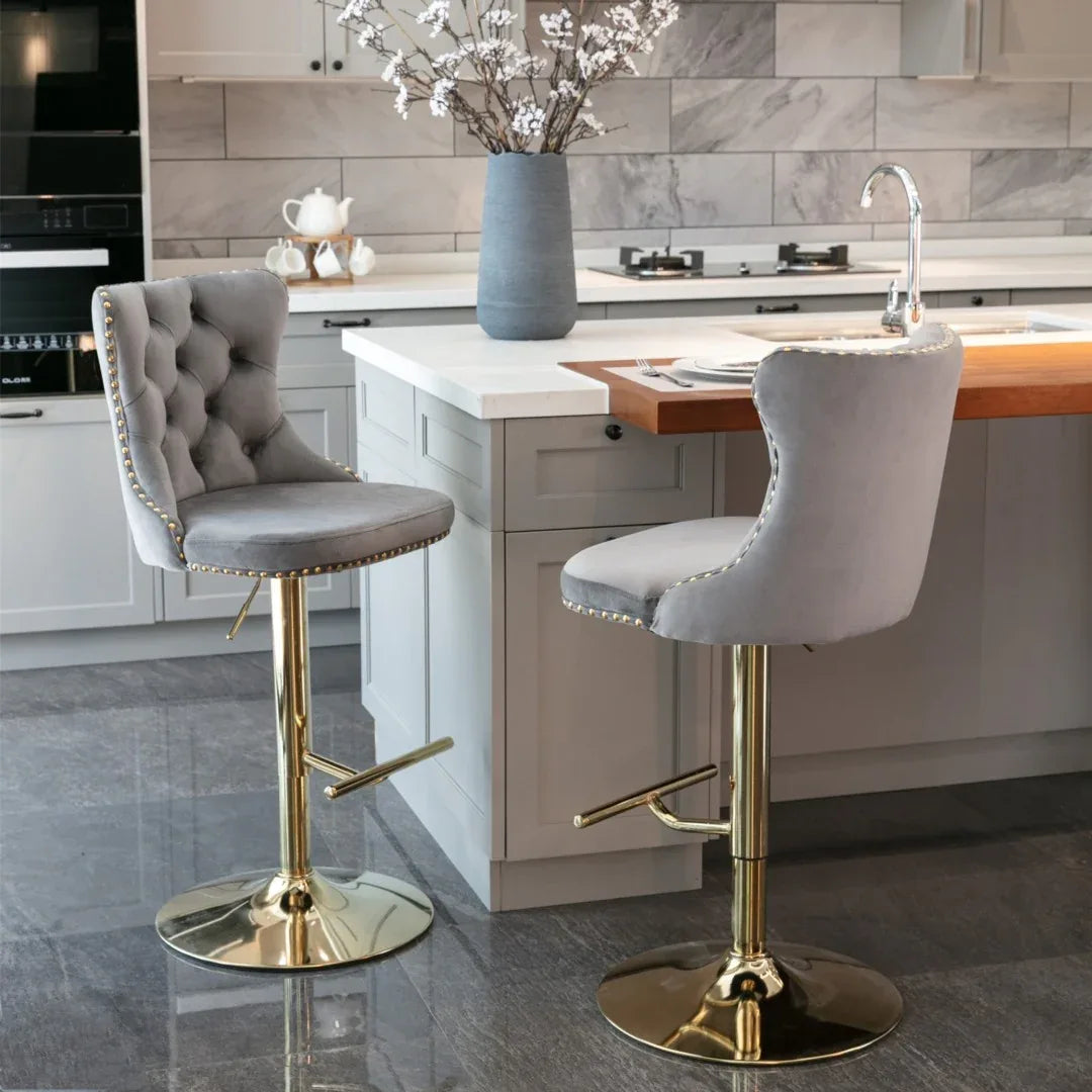 4x Height Adjustable Swivel Bar Stool Velvet Studs Barstool with Footrest and Golden Base- Grey - Mekamart Australia