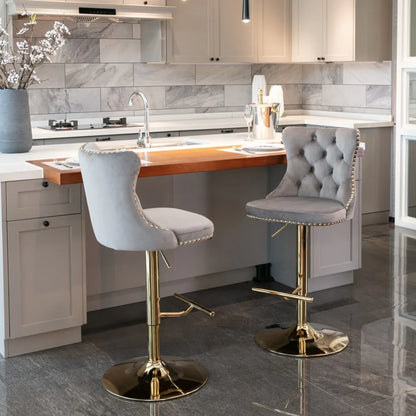 2x Height Adjustable Swivel Bar Stool Velvet Studs Barstool with Footrest and Golden Base- Grey - Mekamart Australia