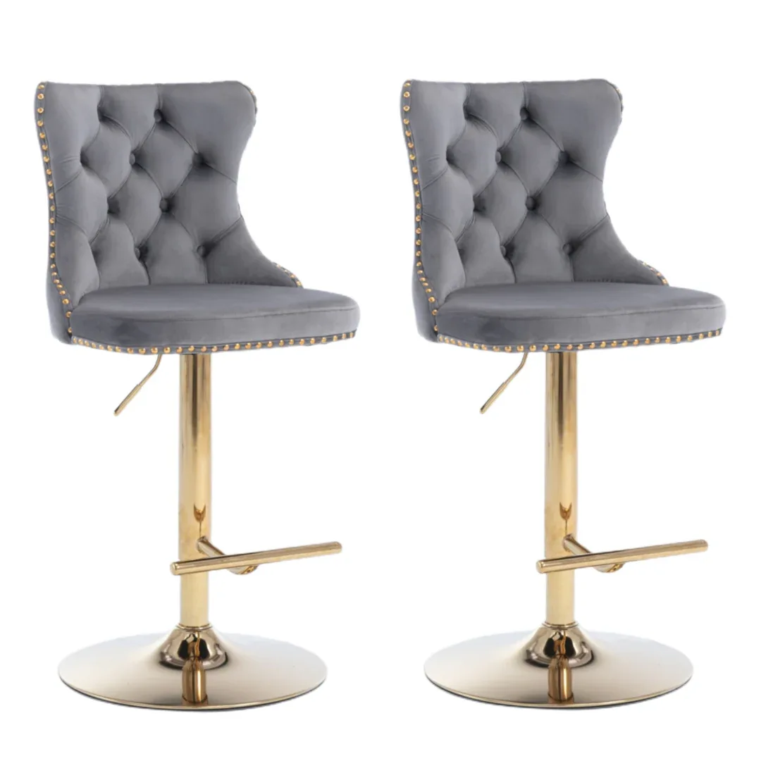 2x Height Adjustable Swivel Bar Stool Velvet Studs Barstool with Footrest and Golden Base- Grey - Mekamart Australia