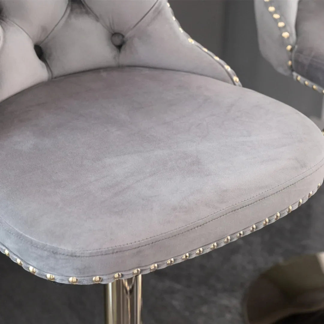 2x Height Adjustable Swivel Bar Stool Velvet Studs Barstool with Footrest and Golden Base- Grey - Mekamart Australia
