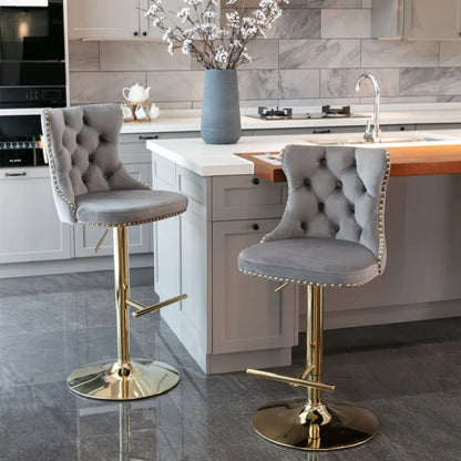 2x Height Adjustable Swivel Bar Stool Velvet Studs Barstool with Footrest and Golden Base- Grey - Mekamart Australia