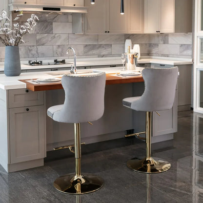 2x Height Adjustable Swivel Bar Stool Velvet Studs Barstool with Footrest and Golden Base- Grey - Mekamart Australia