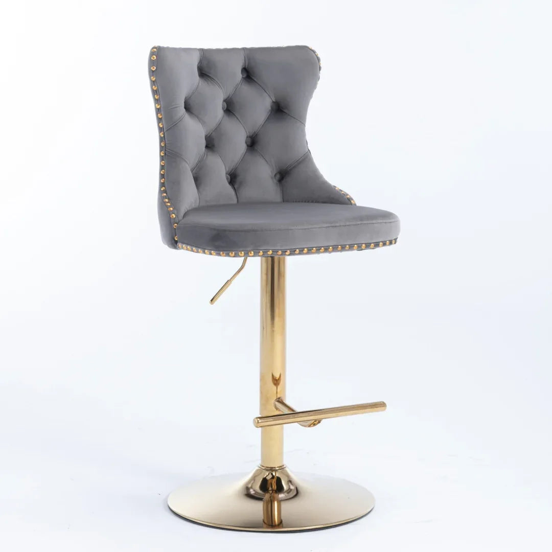 2x Height Adjustable Swivel Bar Stool Velvet Studs Barstool with Footrest and Golden Base- Grey - Mekamart Australia