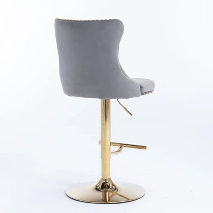 2x Height Adjustable Swivel Bar Stool Velvet Studs Barstool with Footrest and Golden Base- Grey - Mekamart Australia