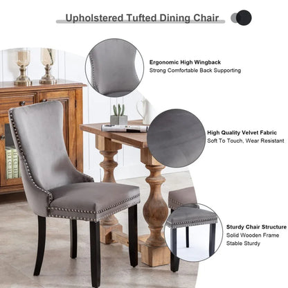 2x Velvet Upholstered Dining Chairs Tufted Wingback Side Chair with Studs Trim Solid Wood Legs for Kitchen - Mekamart Australia