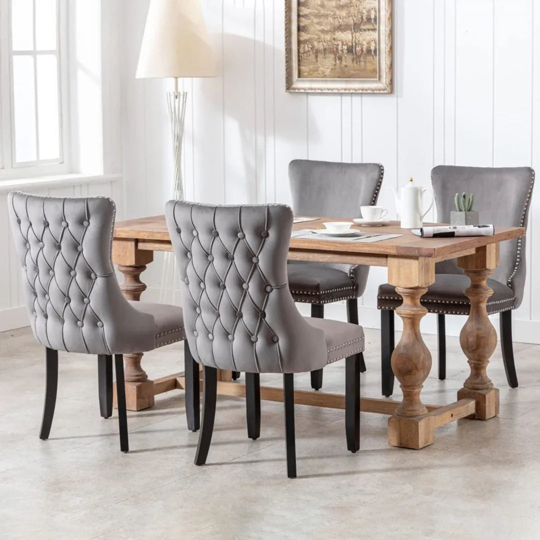 2x Velvet Upholstered Dining Chairs Tufted Wingback Side Chair with Studs Trim Solid Wood Legs for Kitchen - Mekamart Australia