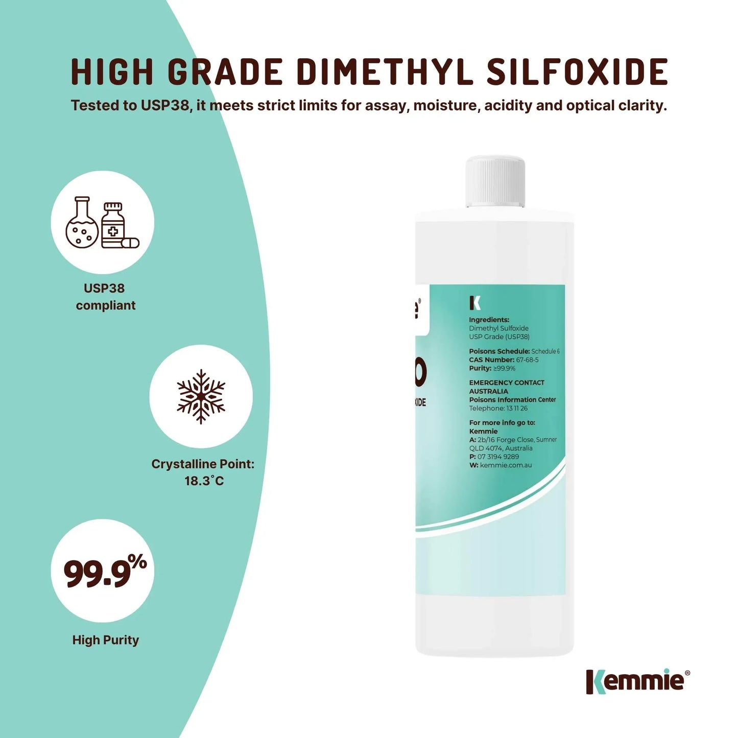 Kemmie 500ml DMSO Liquid 99.9% Pure - USP Grade Dimethyl Sulfoxide Solvent