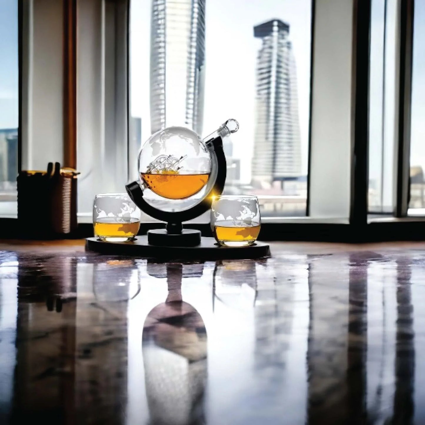 850ml Whiskey or Wine Globe Glass Decanter Set - 2x Glasses + Wooden Stand - Mekamart Australia