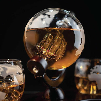 850ml Whiskey or Wine Globe Glass Decanter Set - 2x Glasses + Wooden Stand - Mekamart Australia
