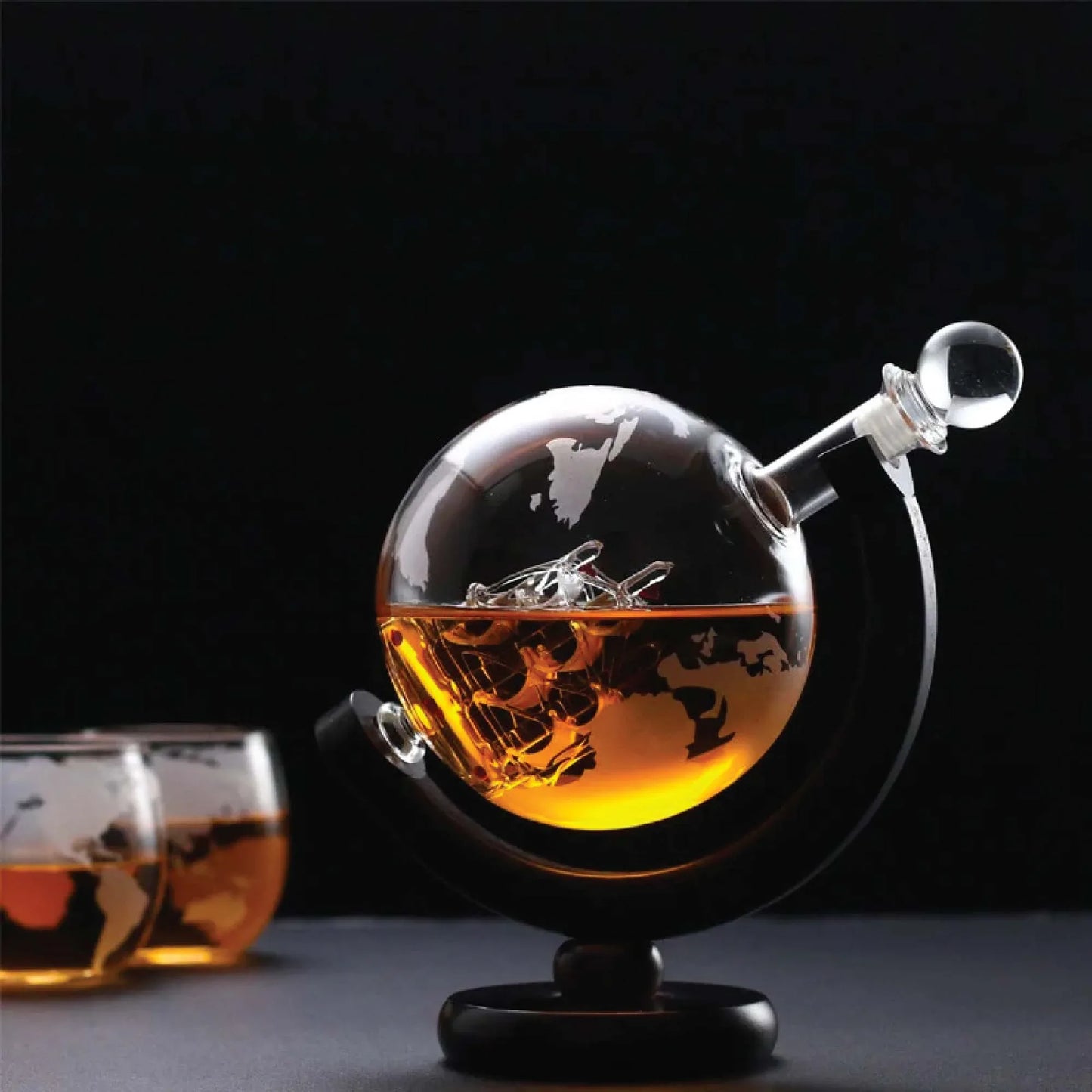 850ml Whiskey or Wine Globe Glass Decanter Set - 2x Glasses + Wooden Stand - Mekamart Australia