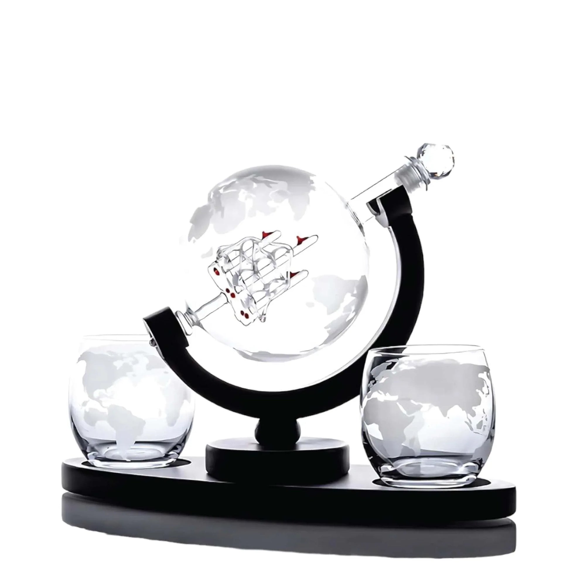 850ml Whiskey or Wine Globe Glass Decanter Set - 2x Glasses + Wooden Stand - Mekamart Australia