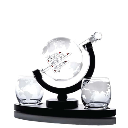 850ml Whiskey or Wine Globe Glass Decanter Set - 2x Glasses + Wooden Stand - Mekamart Australia