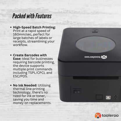 Tooleroo Bluetooth Thermal Label Printer - USB POS Receipt Shipping Printing