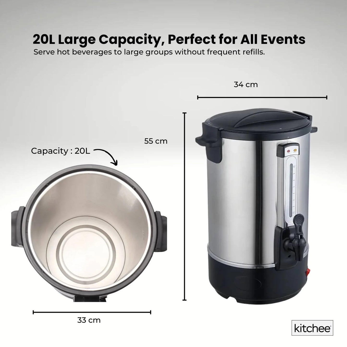 Kitchee 20L Electric Water Boiler - Stainless Steel Commercial Hot Liquid Urn - Mekamart Australia