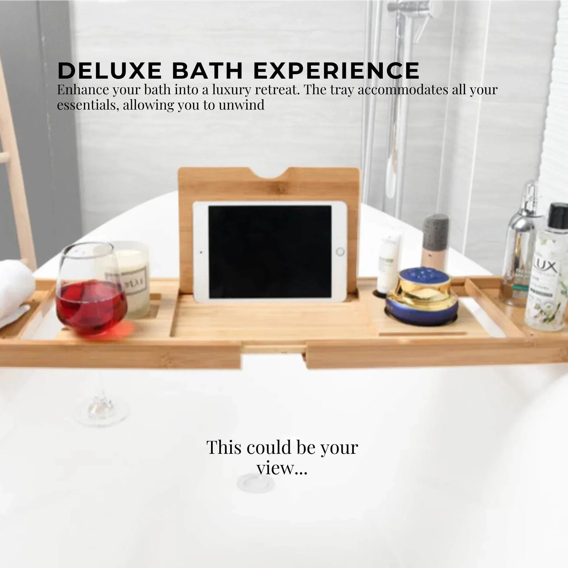 Luxury Adjustable Bamboo Bath Tray Caddy - Spa Book Wine & Accessories Holder - Mekamart Australia