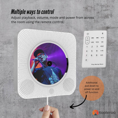 Tooleroo Wall Mountable CD Player Speaker - Bluetooth HiFi FM Radio White