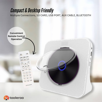 Tooleroo USB Rechargeable Desktop CD Player Speaker – Bluetooth Portable White