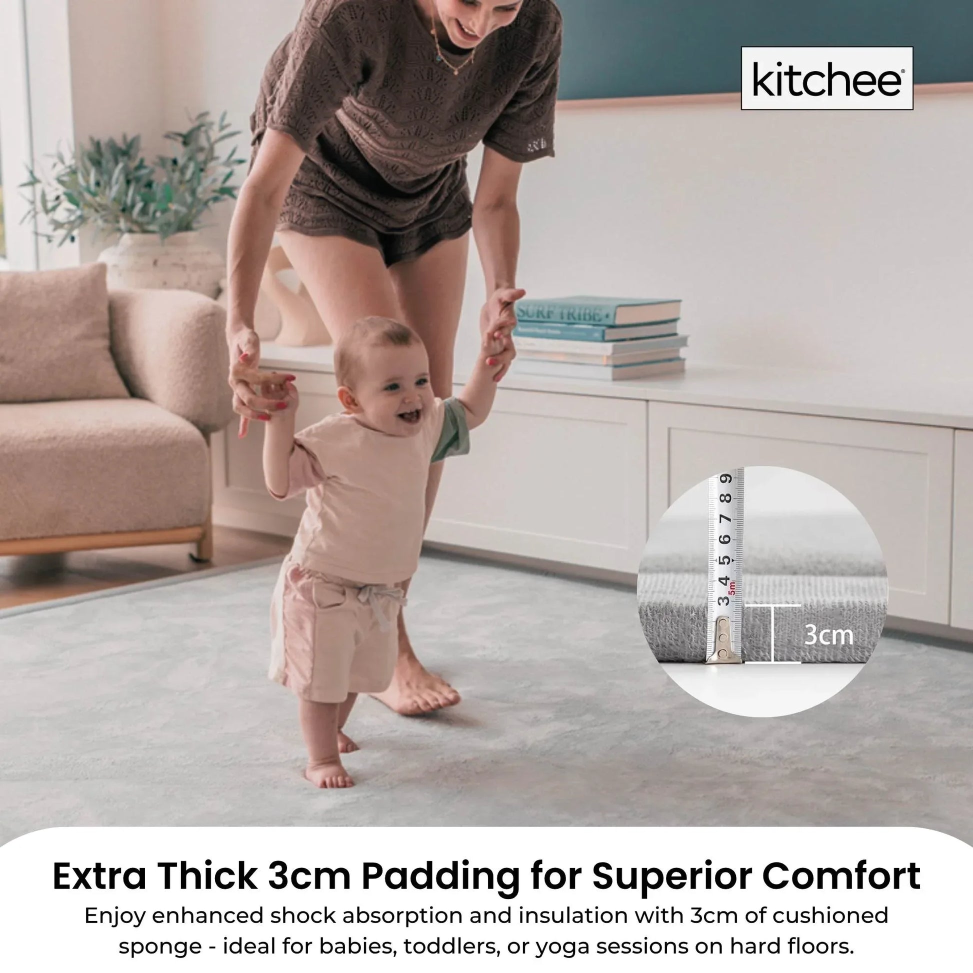 Kitchee Kids Foam Floor Play Mat 150x200cm – Padded Thick Soft Tatami Style Grey - Mekamart Australia
