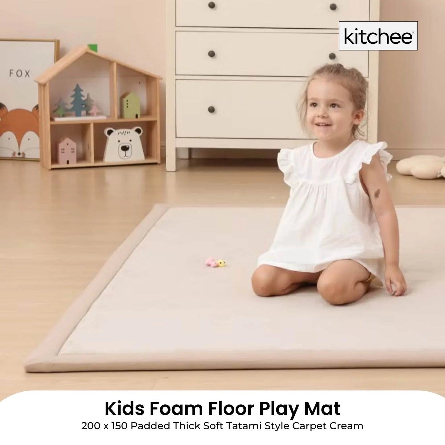 Kitchee Kids Foam Floor Play Mat 150x200cm – Padded Thick Soft Tatami Style Cream - Mekamart Australia
