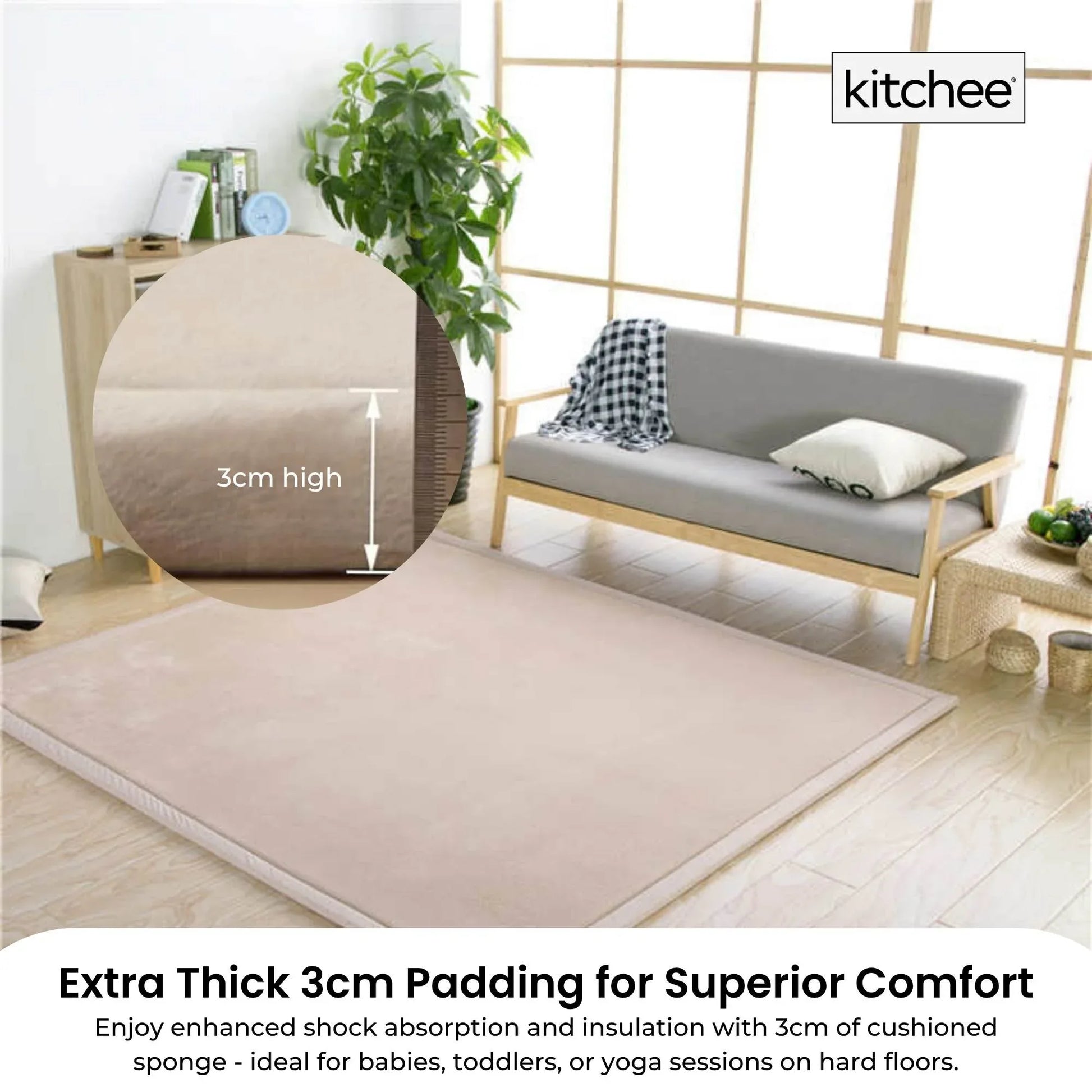 Kitchee Kids Foam Floor Play Mat 150x200cm – Padded Thick Soft Tatami Style Cream - Mekamart Australia