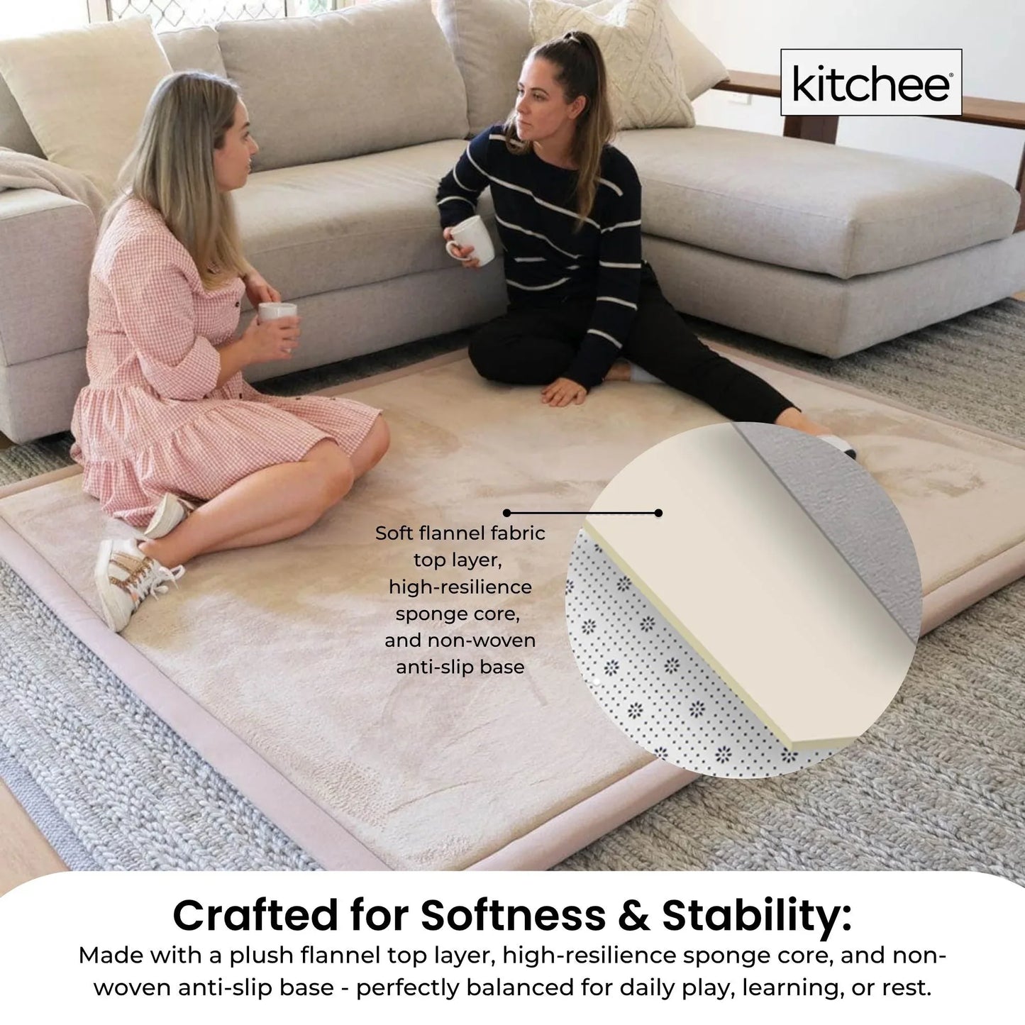 Kitchee Kids Foam Floor Play Mat 200x200cm – Padded Thick Soft Tatami Style Cream - Mekamart Australia