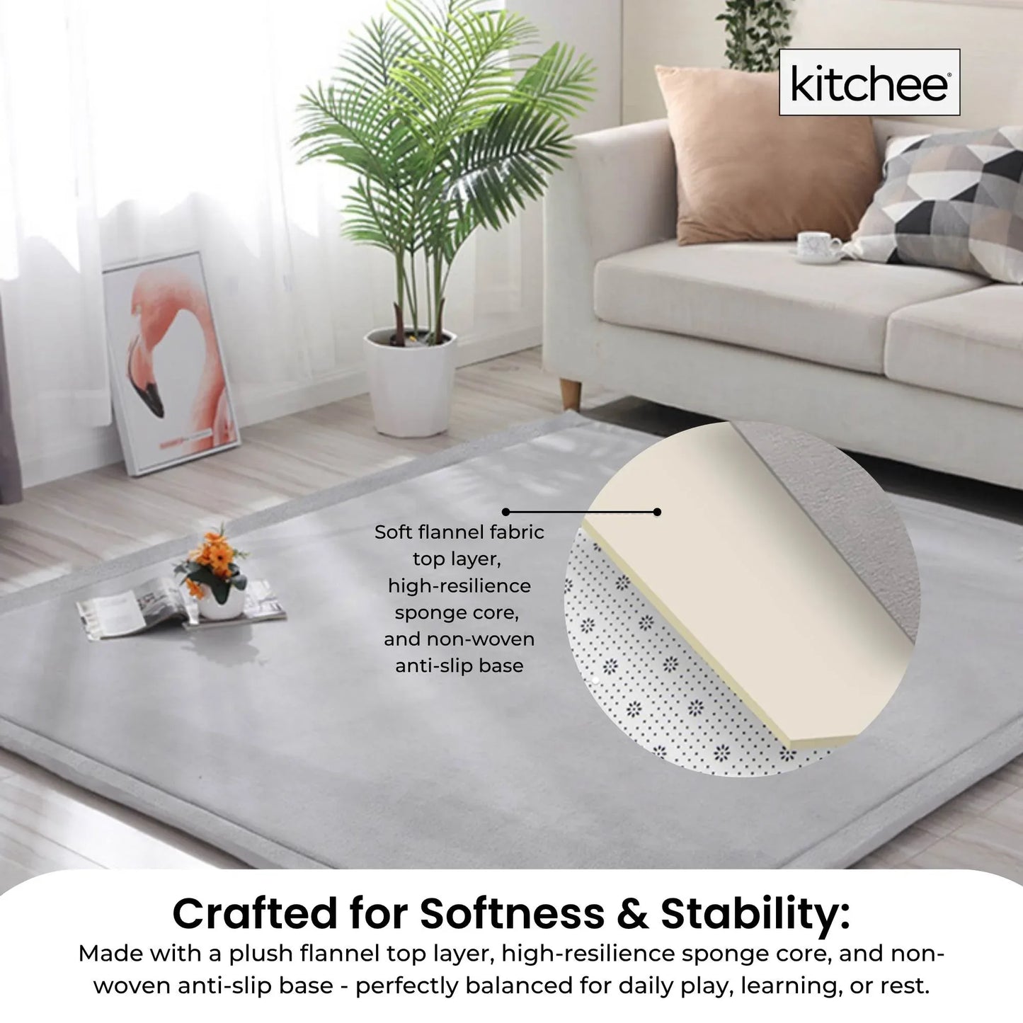 Kitchee Kids Foam Floor Play Mat 200x200cm – Padded Thick Soft Tatami Style Grey - Mekamart Australia
