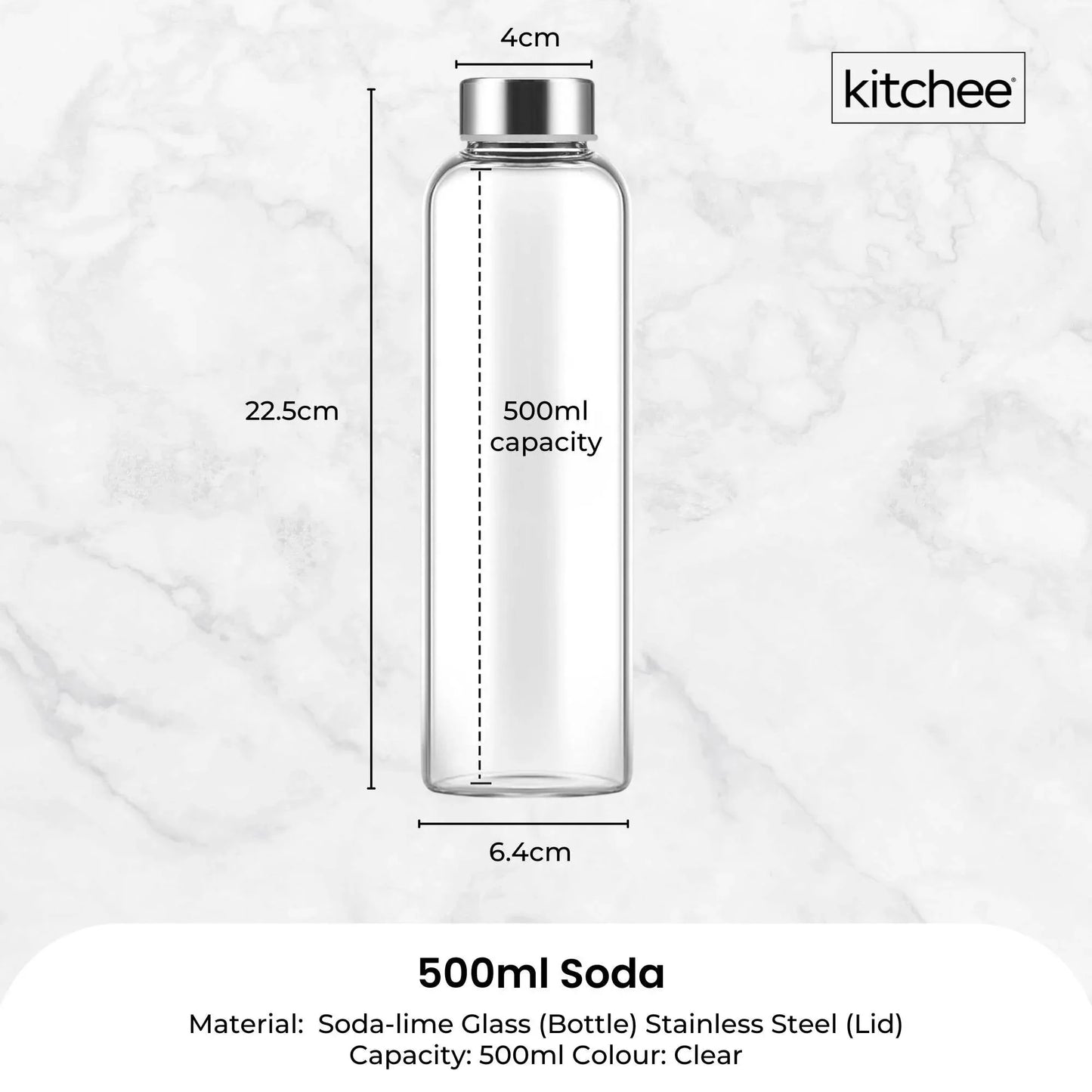 Kitchee 500ml Glass Water Bottle with Stainless Steel Lid - Set of 6 Drink Bottles - Mekamart Australia