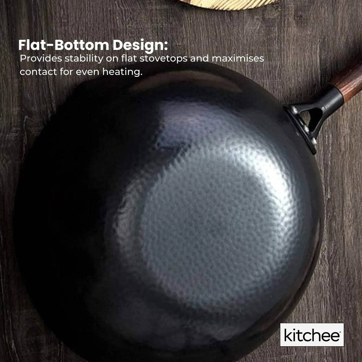 Kitchee 32cm Carbon Steel Wok Set Flat Bottom with Wood Lid + Spatula - Induction Ready - Mekamart Australia