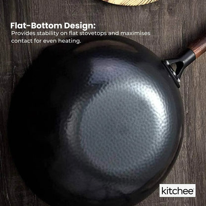 Kitchee 32cm Carbon Steel Wok Set Flat Bottom with Wood Lid + Spatula - Induction Ready - Mekamart Australia