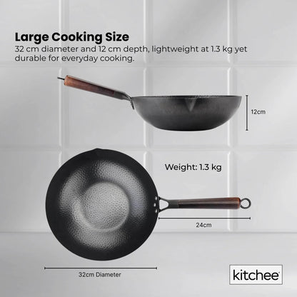 Kitchee 32cm Carbon Steel Wok Set Flat Bottom with Wood Lid + Spatula - Induction Ready - Mekamart Australia