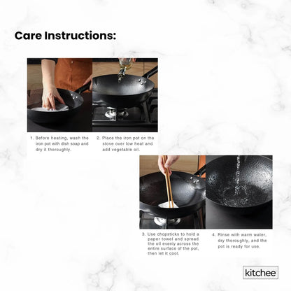 Kitchee 32cm Carbon Steel Wok Set Flat Bottom with Wood Lid + Spatula - Induction Ready - Mekamart Australia