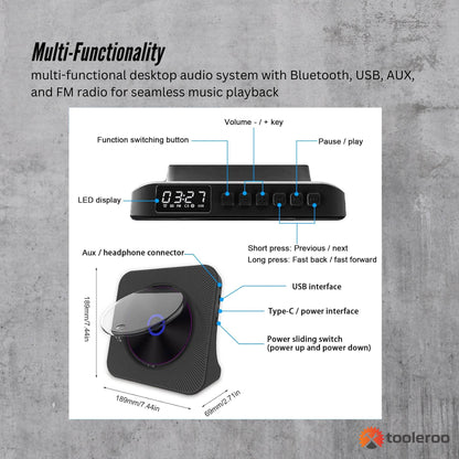 Tooleroo USB Rechargeable Desktop CD Player Speaker – Bluetooth Portable Black