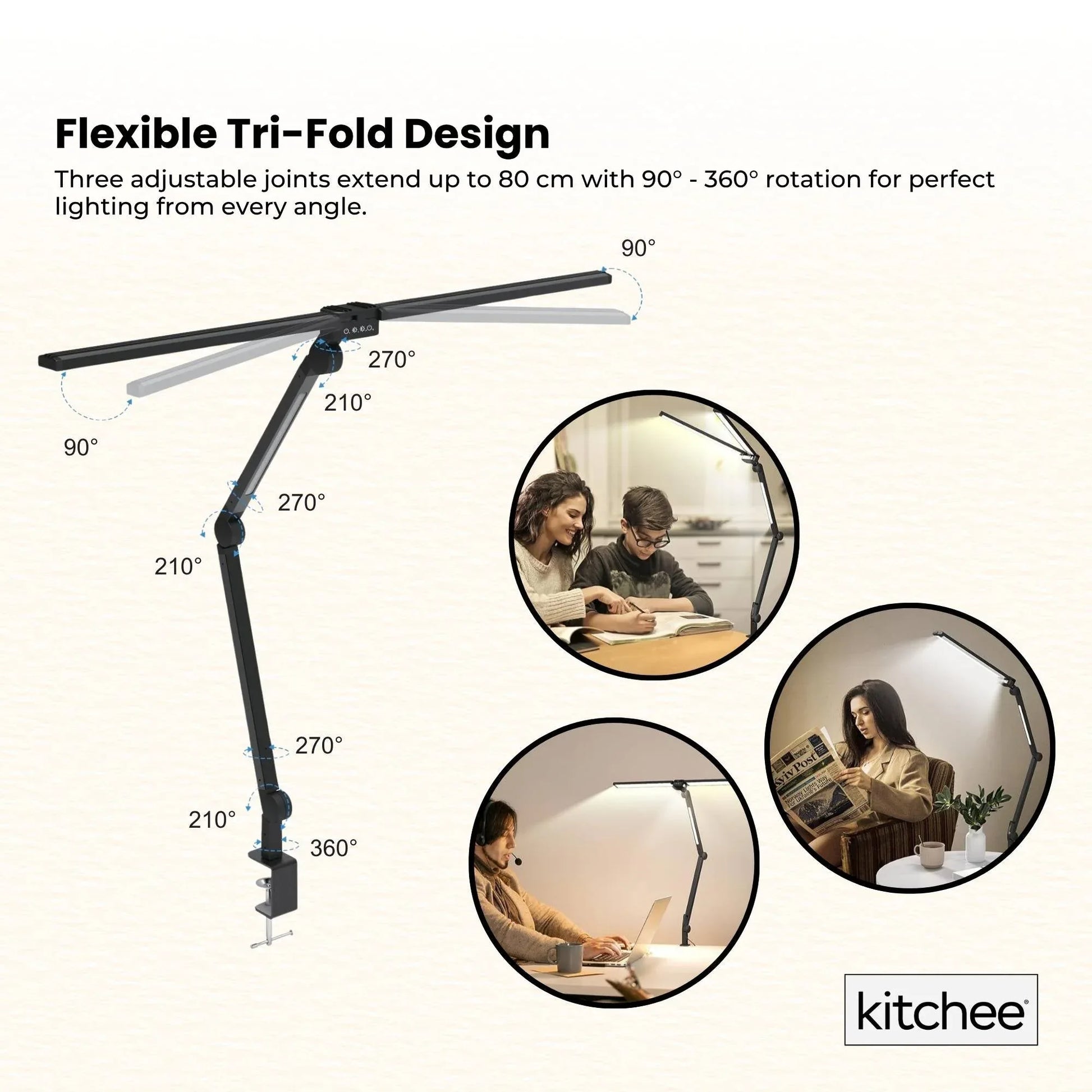 Kitchee Tri-Fold LED Desk Lamp with Clamp - Swinging Arm Eye-Care Dimmable Light - Mekamart Australia
