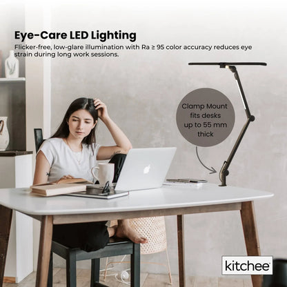 Kitchee Tri-Fold LED Desk Lamp with Clamp - Swinging Arm Eye-Care Dimmable Light - Mekamart Australia